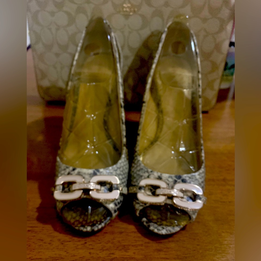 Coach tan snakeskin shoes wedge 4 inch heel